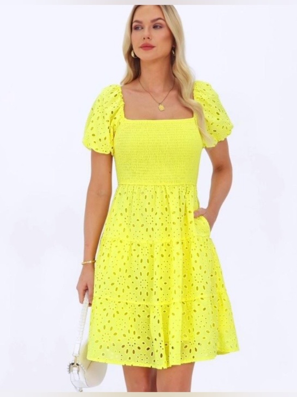 Yellow Smocked Puff-Sleeve Eyelet Mini Dress